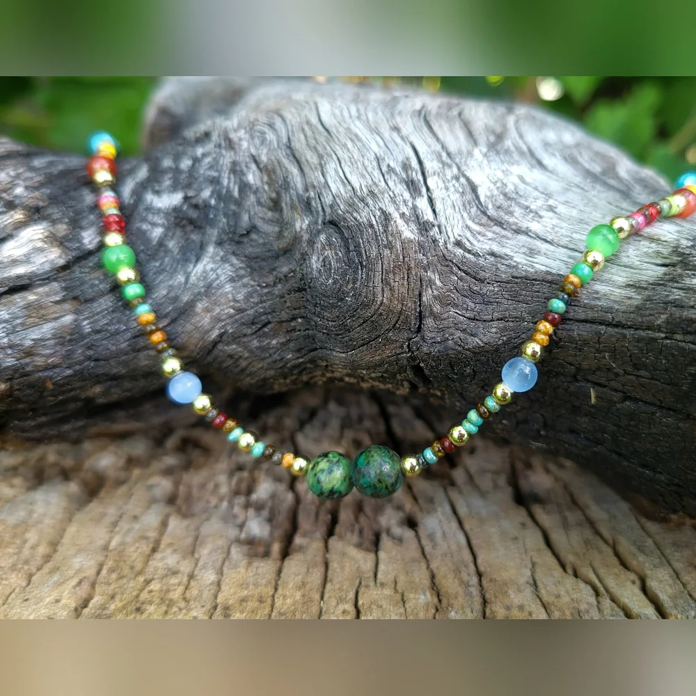 Bohemian Multicolor Picasso Jasper Seed Bead & Turquoise Necklace. - Picture 3 of 6